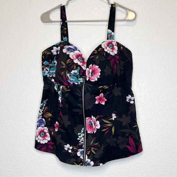 Liberty Love Black Floral Zip Up Fitted Wide Strap Tank Top Plus Size XXL - Picture 1 of 5